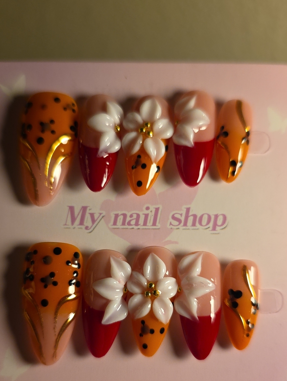 Orange & Red Floral 3D Press-On Nails Size Small